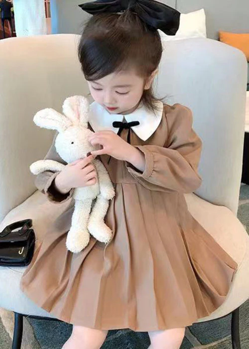 New Khaki Wrinkled Solid Cotton Girls Dresses Fall - Image 5