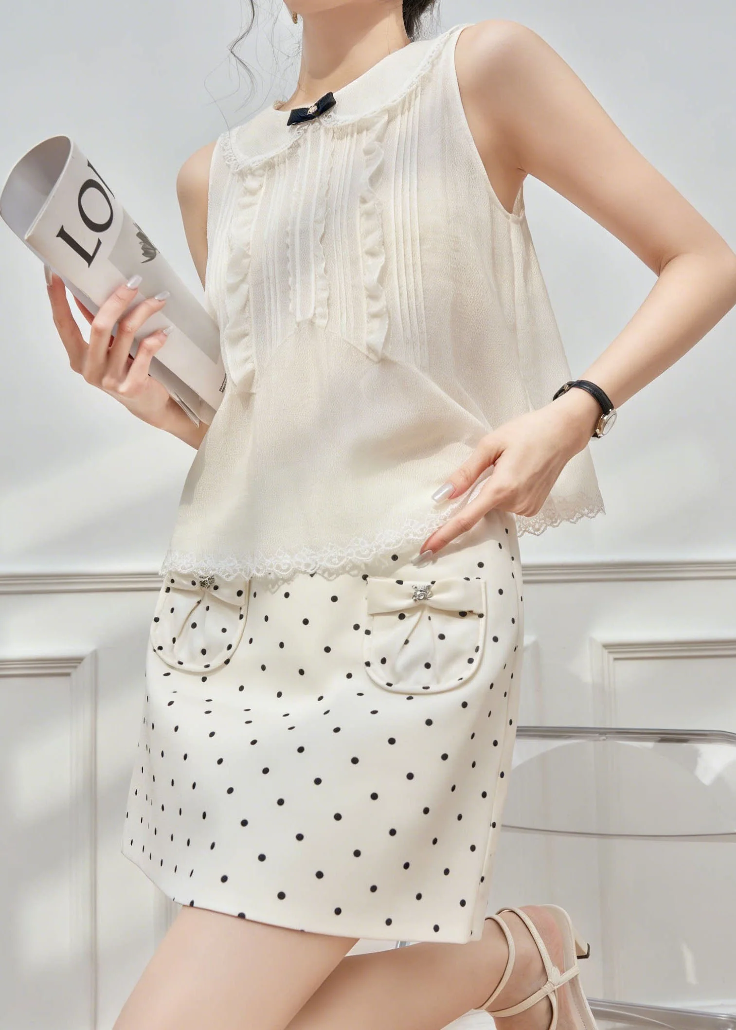 New Lace Patchwork Dot Spaghetti Strap Camisole And Skirts Summer Three Piece Set - Image 2