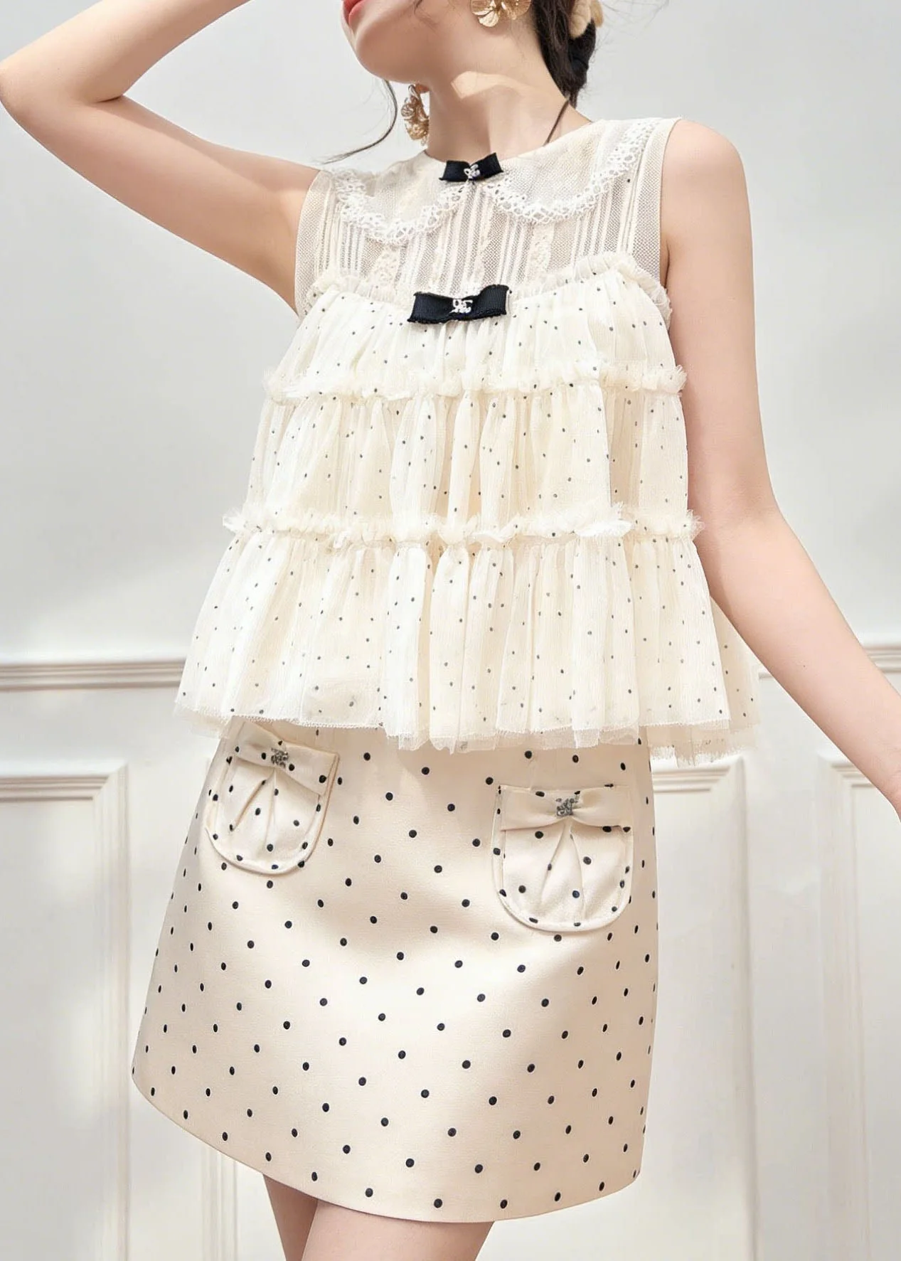 New Lace Patchwork Dot Spaghetti Strap Camisole And Skirts Summer Three Piece Set - Image 3