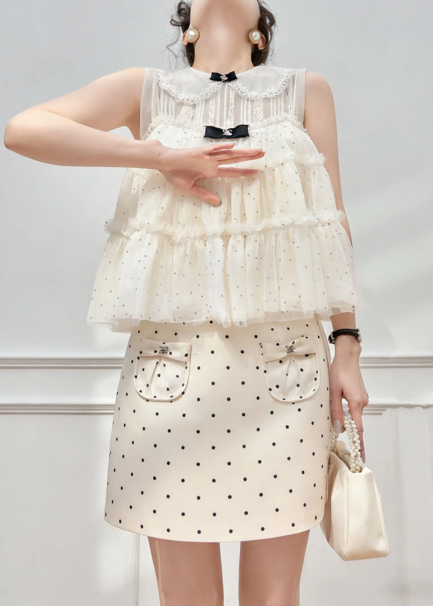 New Lace Patchwork Dot Spaghetti Strap Camisole And Skirts Summer Three Piece Set - Image 4