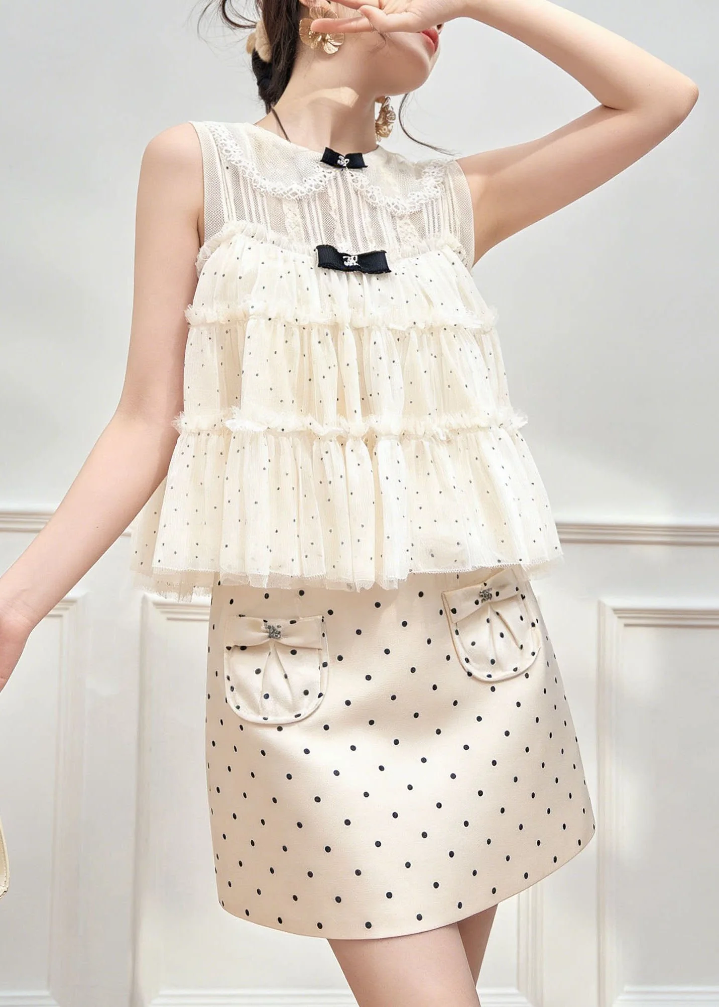 New Lace Patchwork Dot Spaghetti Strap Camisole And Skirts Summer Three Piece Set - Image 5