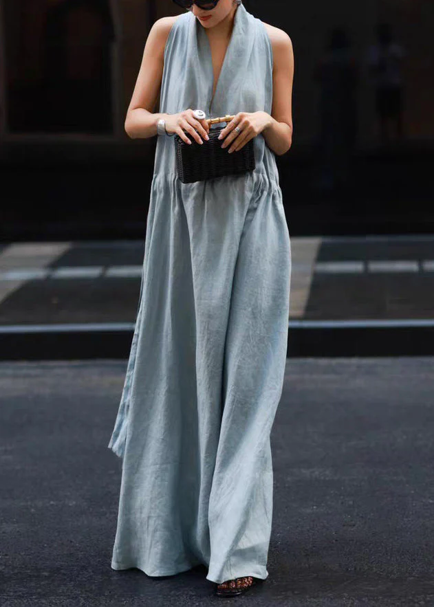 New Light Blue Pockets Tie Waist Solid Linen Robe Dresses Sleeveless