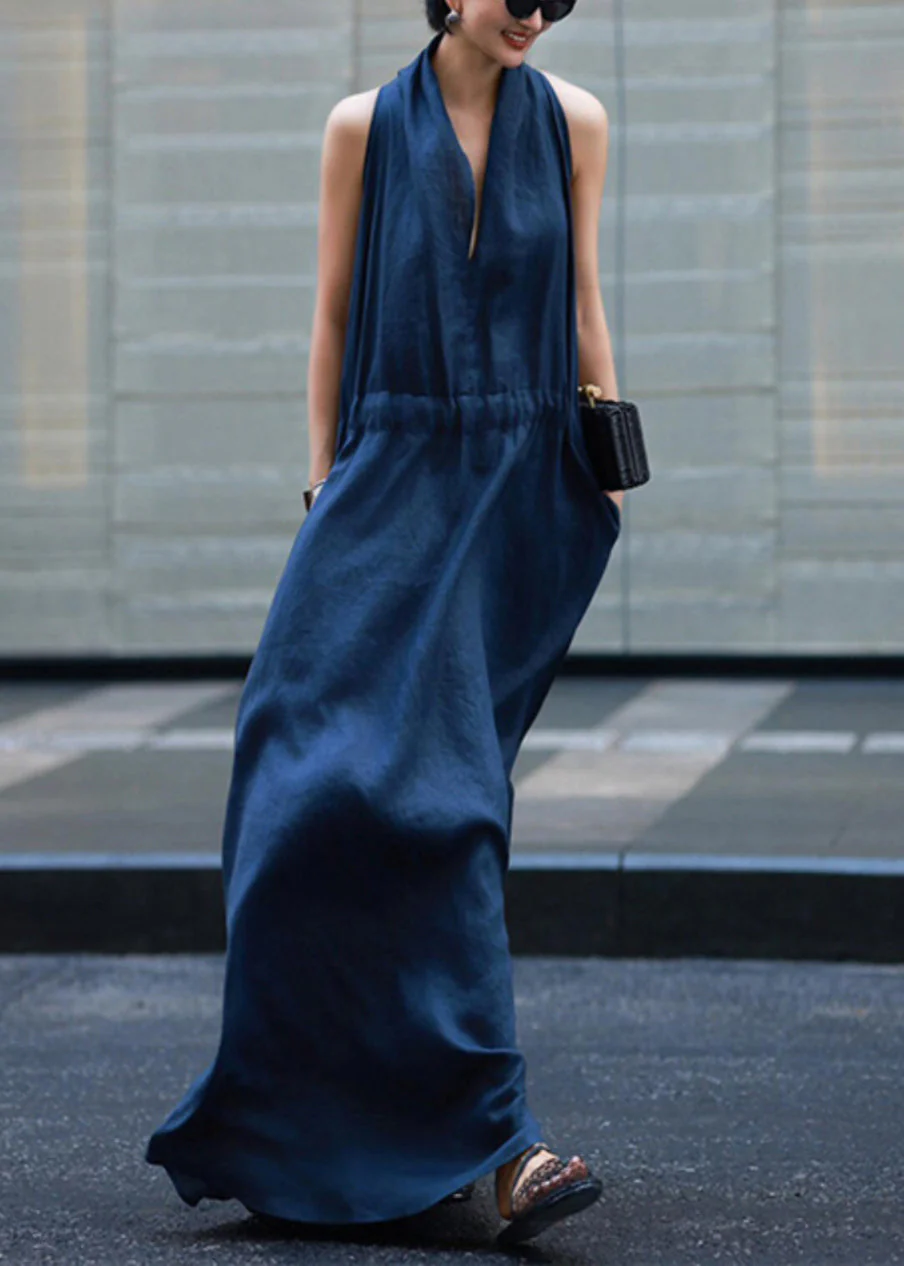 New Light Blue Pockets Tie Waist Solid Linen Robe Dresses Sleeveless - Image 2