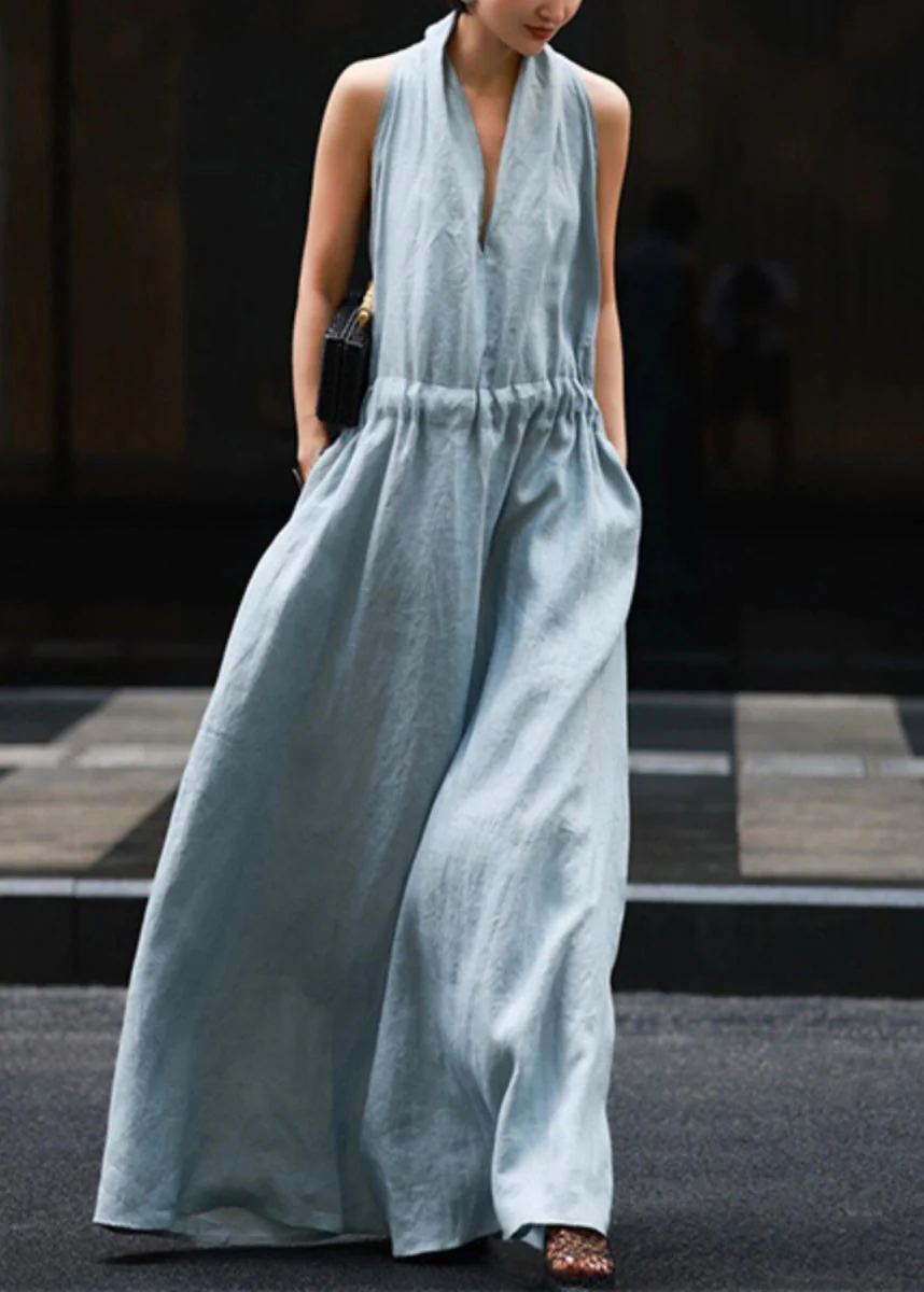 New Light Blue Pockets Tie Waist Solid Linen Robe Dresses Sleeveless - Image 3