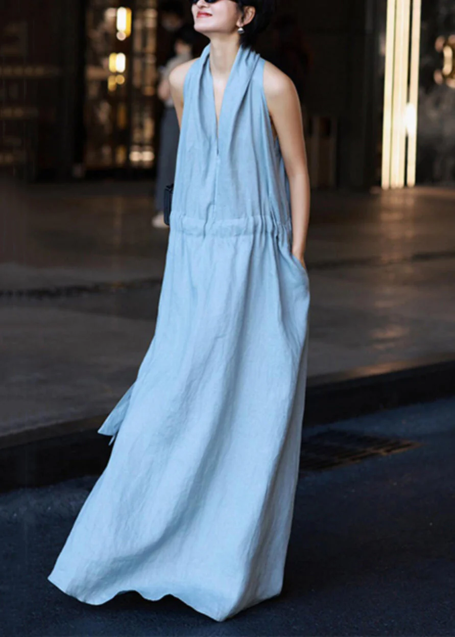 New Light Blue Pockets Tie Waist Solid Linen Robe Dresses Sleeveless - Image 4