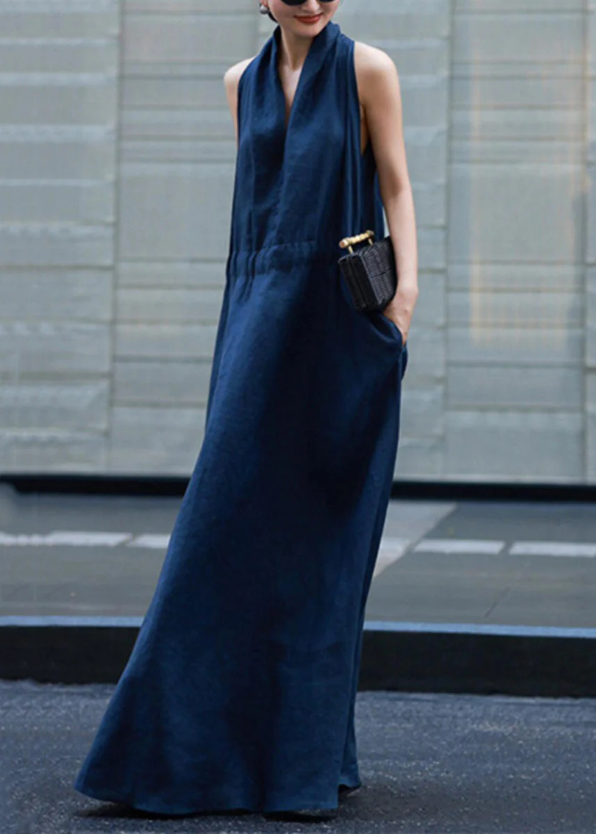 New Light Blue Pockets Tie Waist Solid Linen Robe Dresses Sleeveless - Image 5