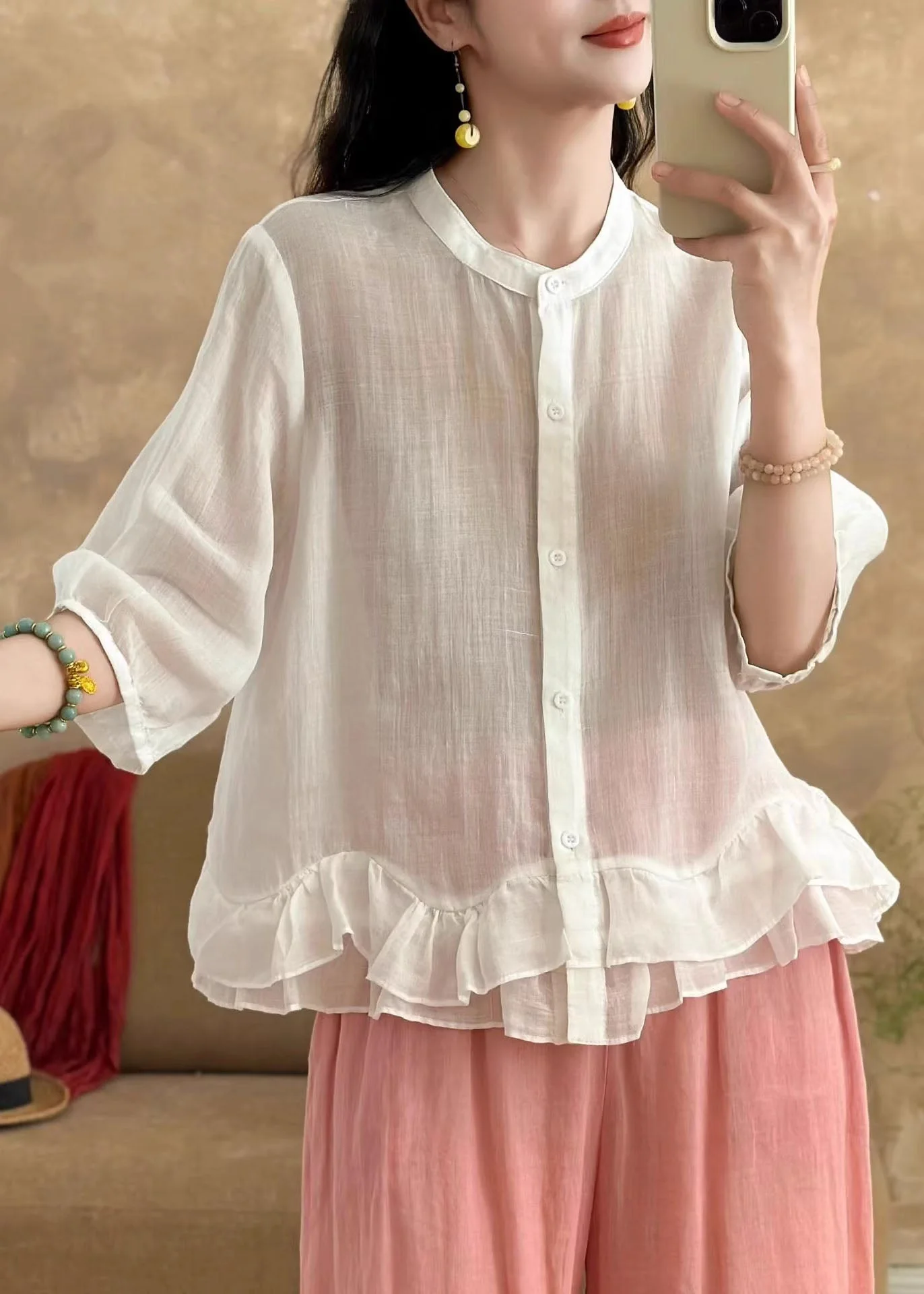 New Light Blue Ruffled Patchwork Linen Shirt Bracelet Sleeve - Image 3