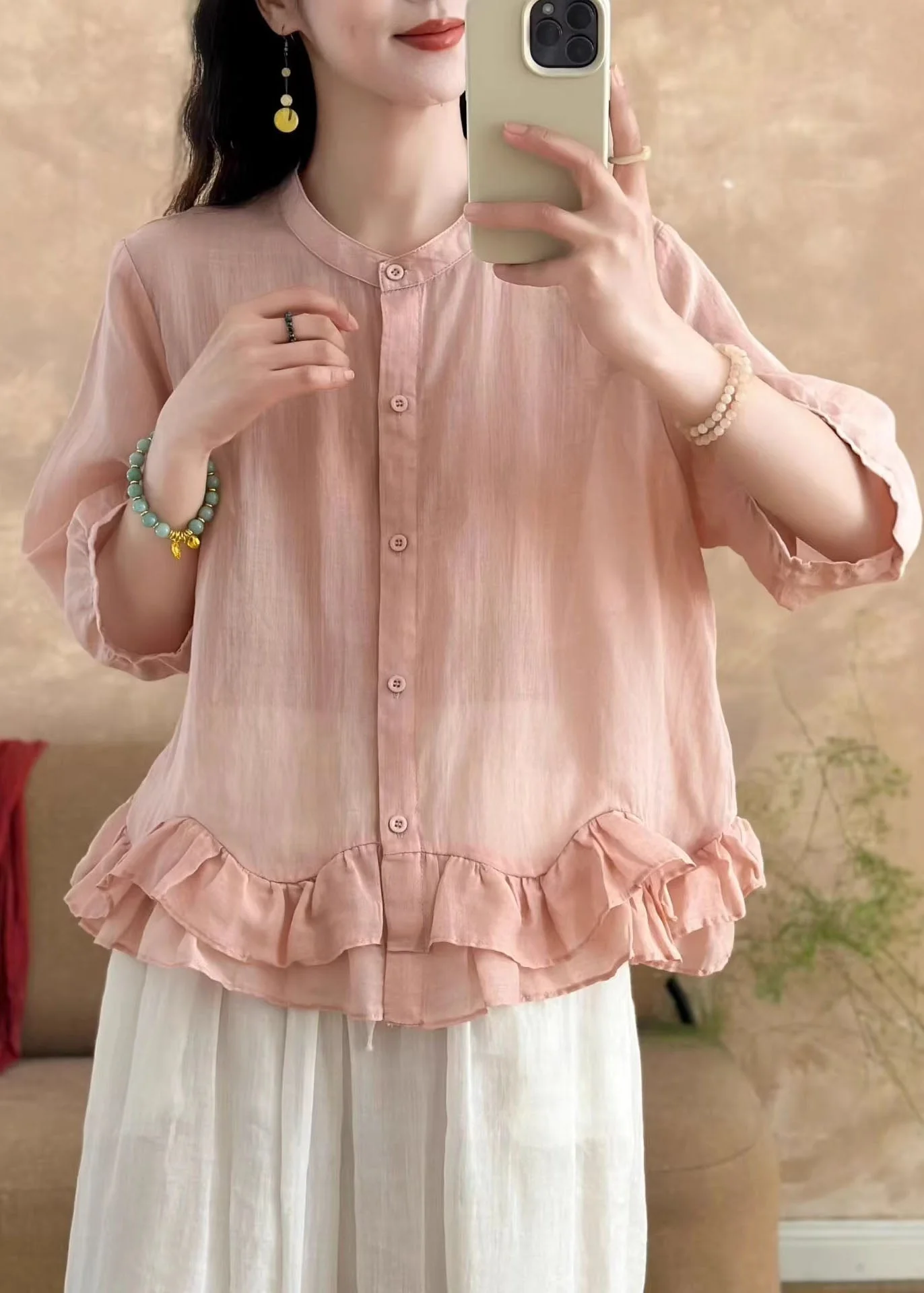 New Light Blue Ruffled Patchwork Linen Shirt Bracelet Sleeve - Image 4
