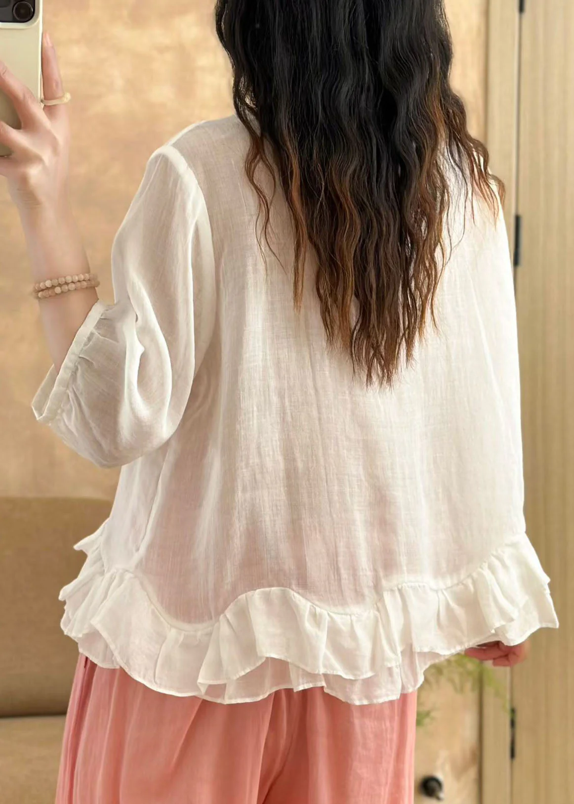 New Light Blue Ruffled Patchwork Linen Shirt Bracelet Sleeve - Image 5