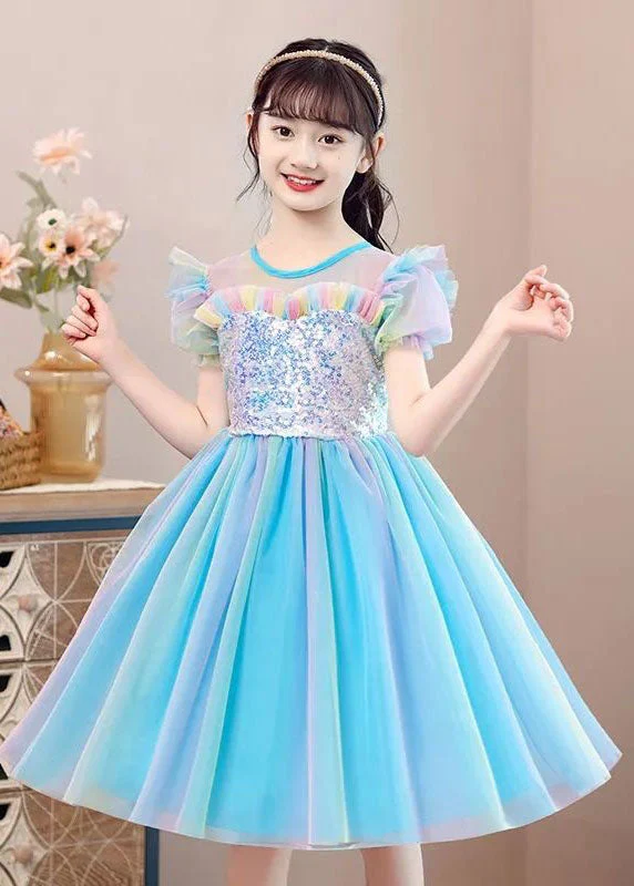 New Light Blue Ruffled Sequins Patchwork Tulle Baby Girls Party Dress Summer - Image 2