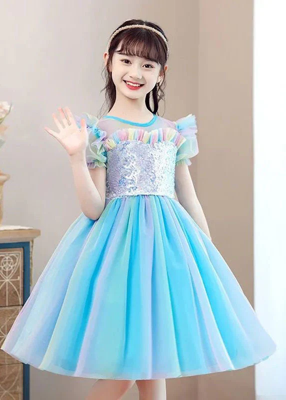 New Light Blue Ruffled Sequins Patchwork Tulle Baby Girls Party Dress Summer - Image 3