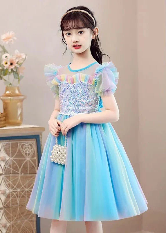 New Light Blue Ruffled Sequins Patchwork Tulle Baby Girls Party Dress Summer - Image 4