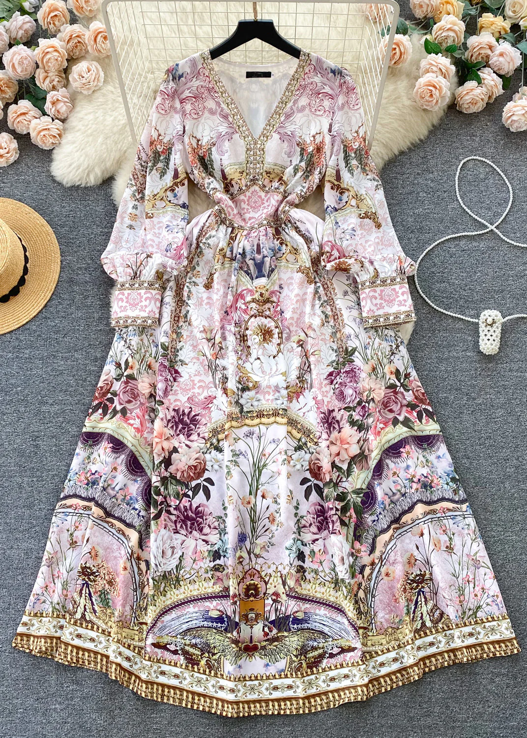 New Light Blue V Neck Print Cotton Long Dresses Fall - Image 2