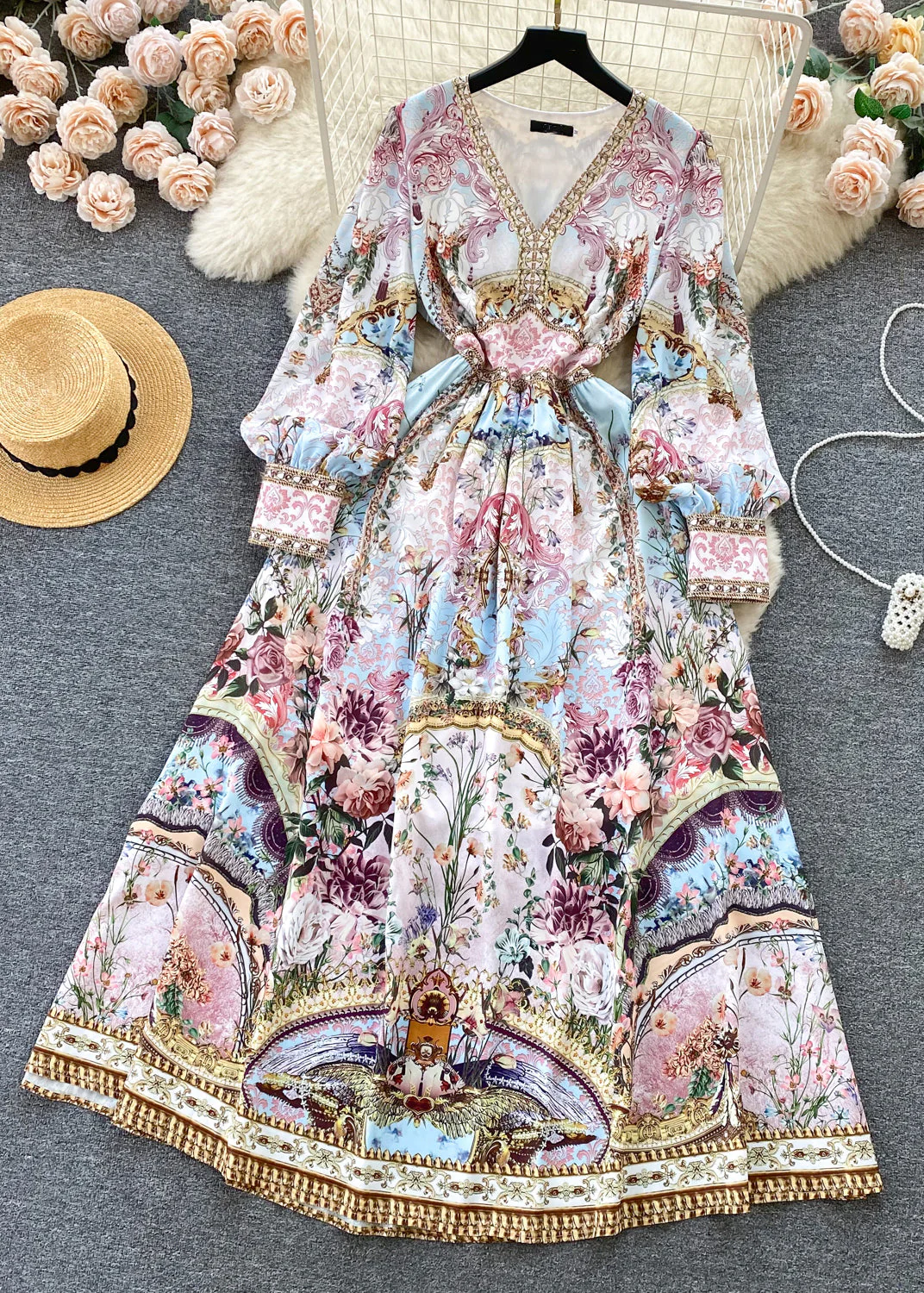 New Light Blue V Neck Print Cotton Long Dresses Fall - Image 3