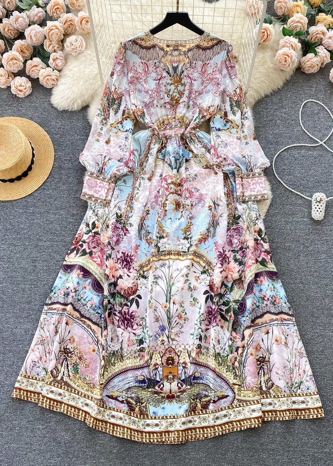 New Light Blue V Neck Print Cotton Long Dresses Fall - Image 4