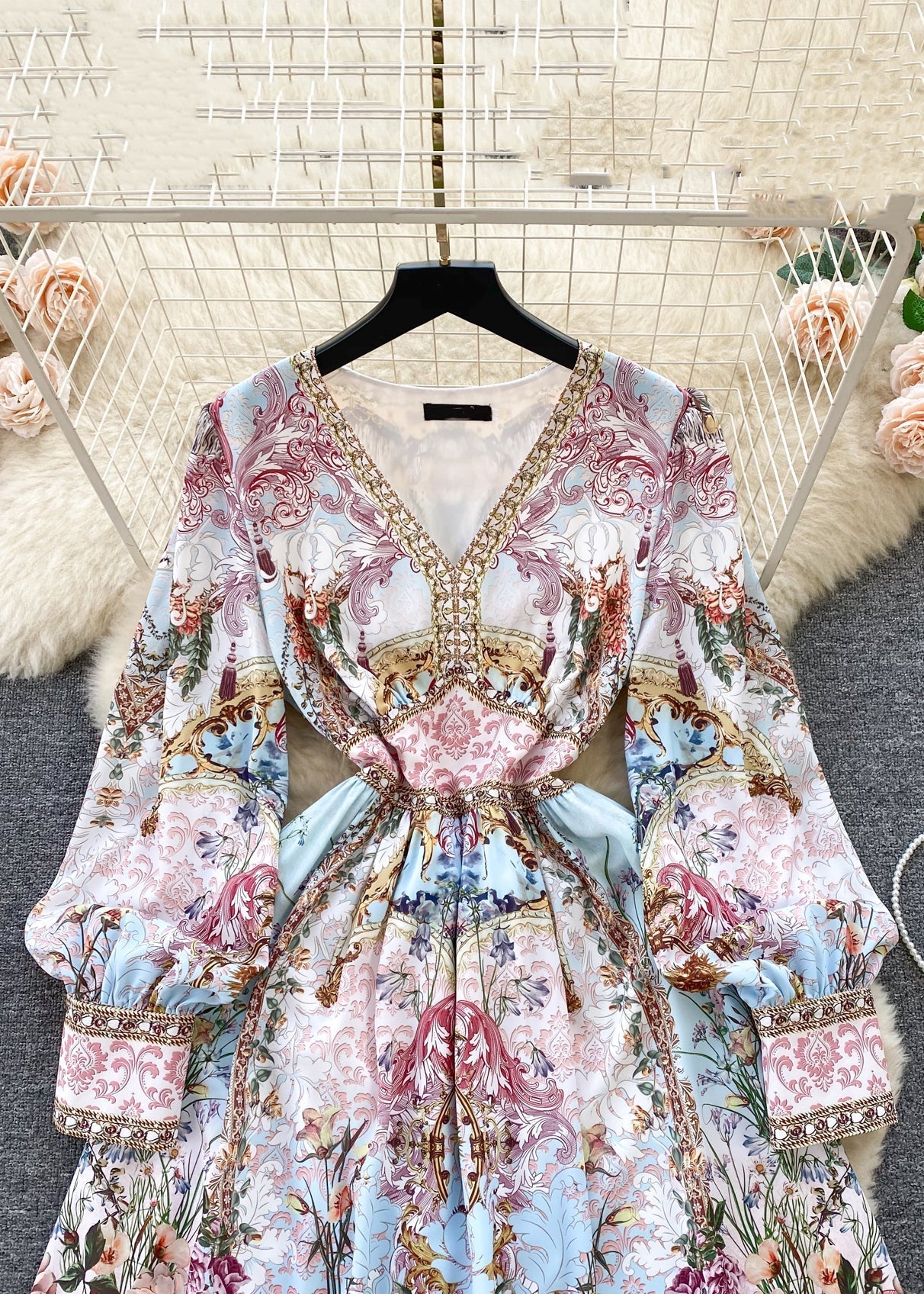 New Light Blue V Neck Print Cotton Long Dresses Fall - Image 5