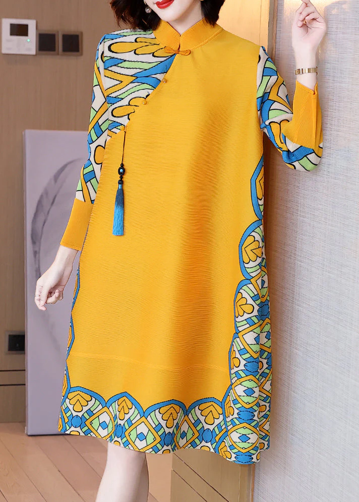 New Light Camel Button Tasseled Print Cotton Dress Spring - Image 2