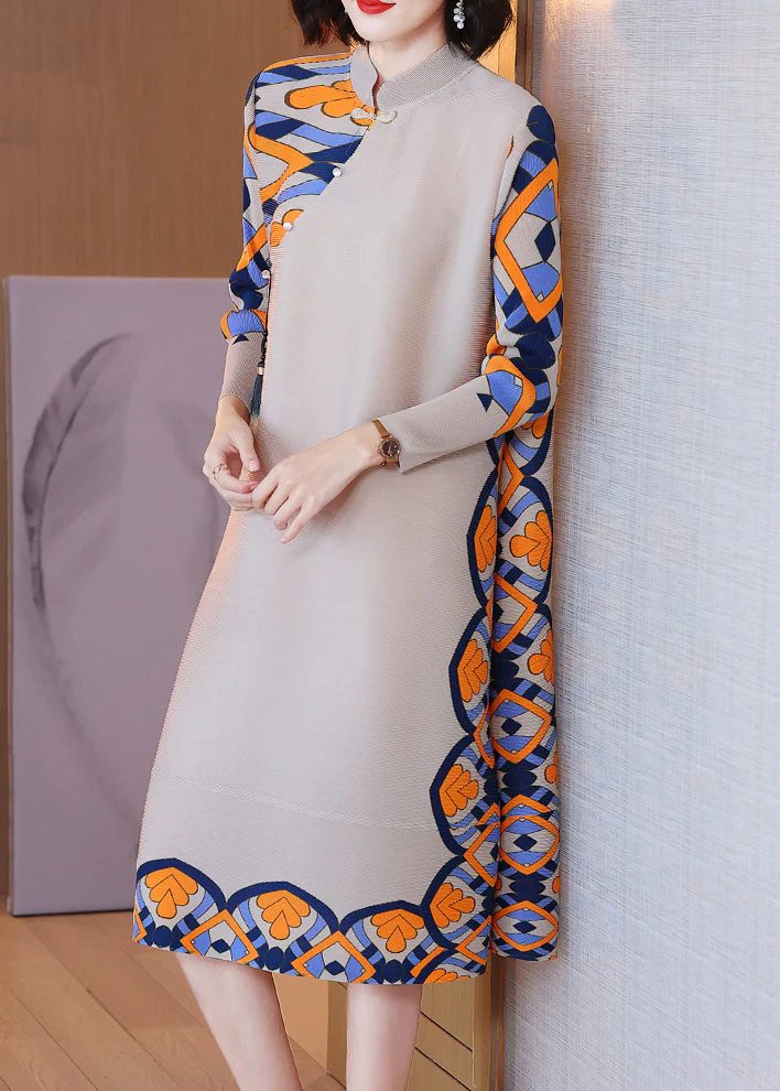 New Light Camel Button Tasseled Print Cotton Dress Spring - Image 3