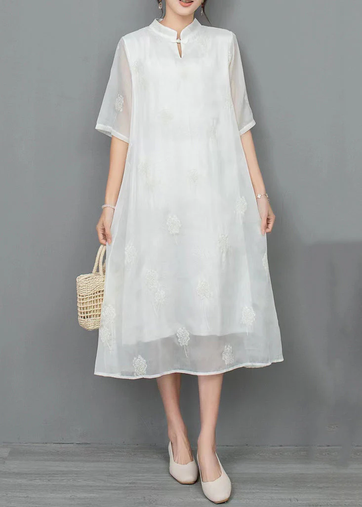 New Light Green Stand Collar Embroidered Linen Dress Half Sleeve - Image 3