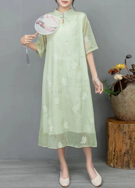 New Light Green Stand Collar Embroidered Linen Dress Half Sleeve - Image 5