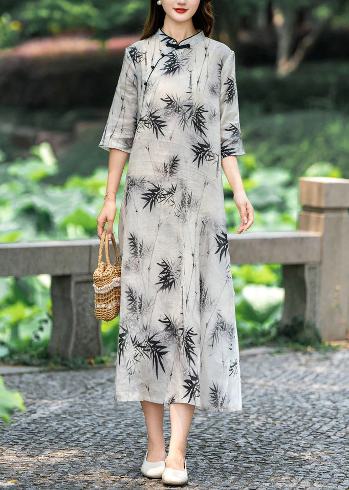 New Light Grey Stand Collar Button Print Linen Dresses Half Sleeve - Image 2