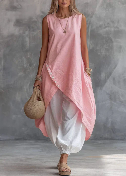 New Light Purple O Neck Asymmetrical Design Pockets Cotton Dress Sleeveless - Image 3