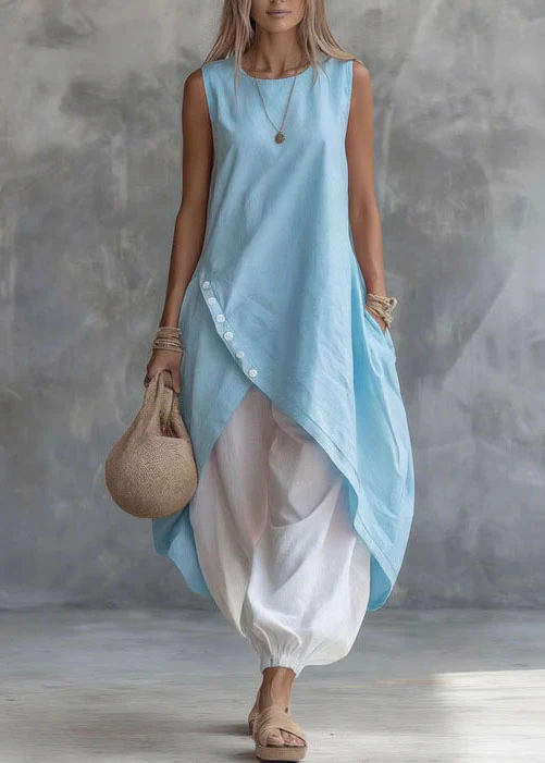New Light Purple O Neck Asymmetrical Design Pockets Cotton Dress Sleeveless - Image 4