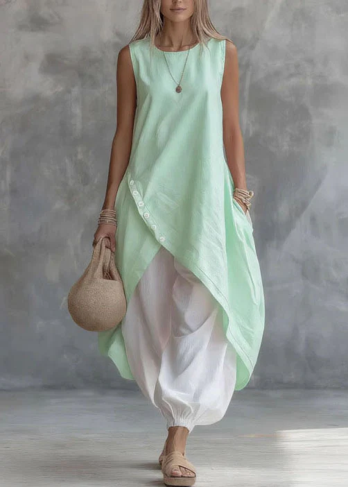 New Light Purple O Neck Asymmetrical Design Pockets Cotton Dress Sleeveless - Image 5