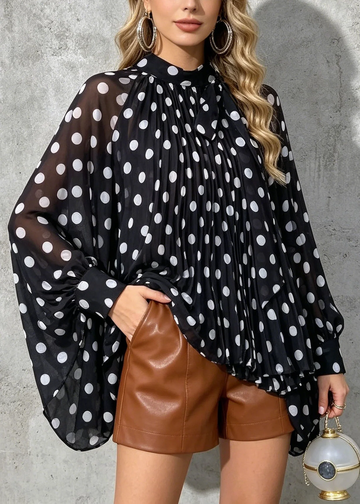 New Loose Black Dot Print Bow Chiffon Shirt Batwing Sleeve - Image 3