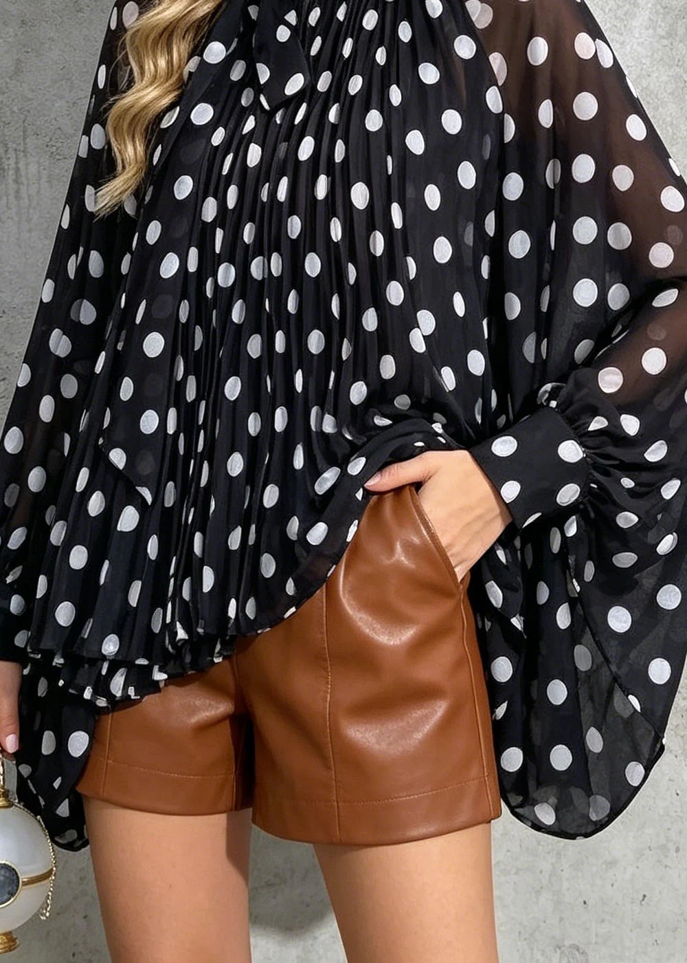New Loose Black Dot Print Bow Chiffon Shirt Batwing Sleeve - Image 4