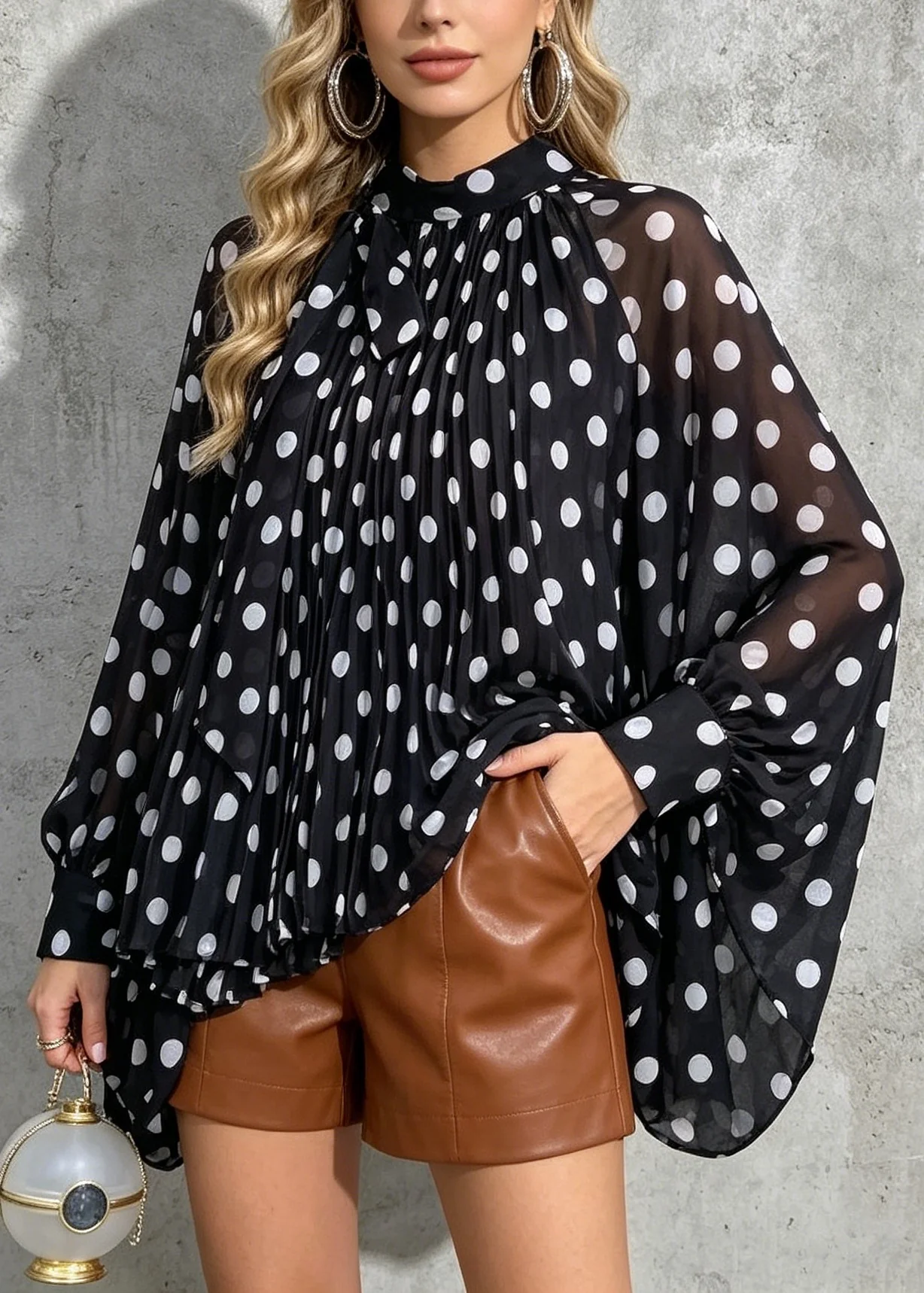 New Loose Black Dot Print Bow Chiffon Shirt Batwing Sleeve - Image 5
