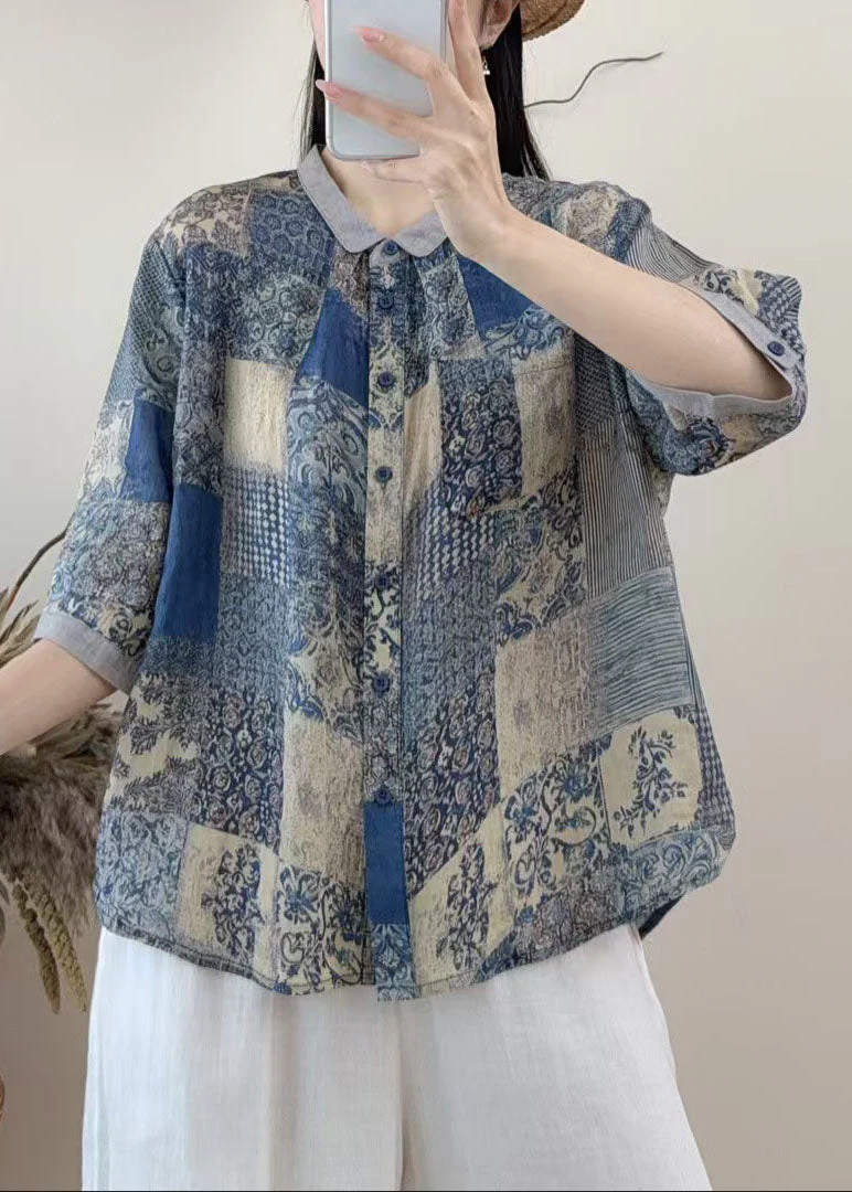New Loose Blue Peter Pan Collar Print Linen Shirt Summer