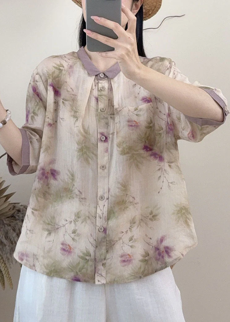 New Loose Blue Peter Pan Collar Print Linen Shirt Summer - Image 2