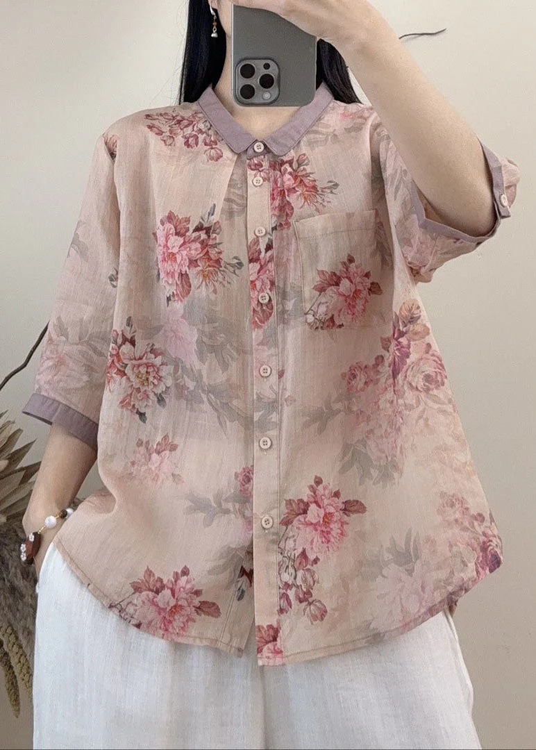 New Loose Blue Peter Pan Collar Print Linen Shirt Summer - Image 3
