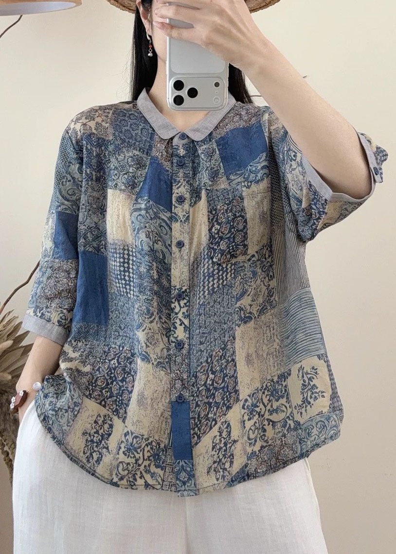 New Loose Blue Peter Pan Collar Print Linen Shirt Summer - Image 4
