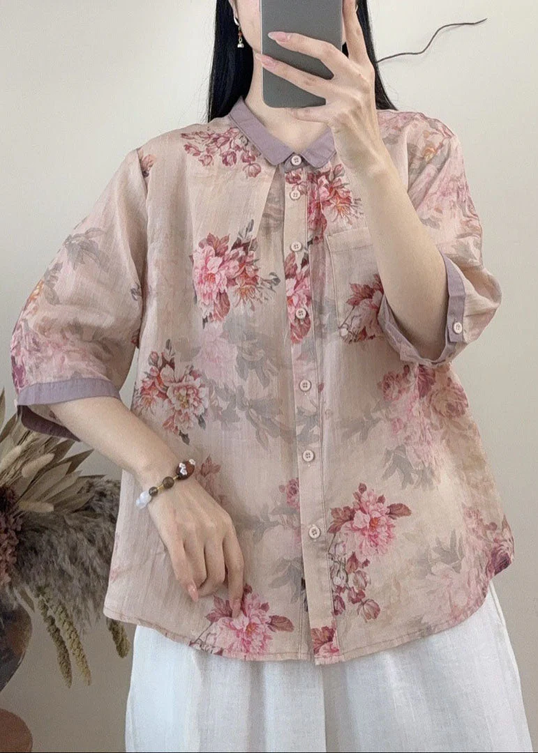 New Loose Blue Peter Pan Collar Print Linen Shirt Summer - Image 5