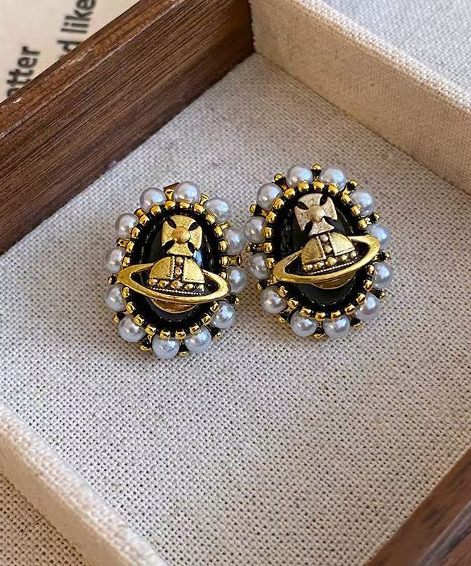 New Luxury Black Metal Pearl Stud Earrings - Image 4