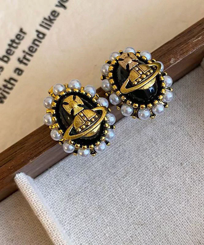 New Luxury Black Metal Pearl Stud Earrings - Image 5