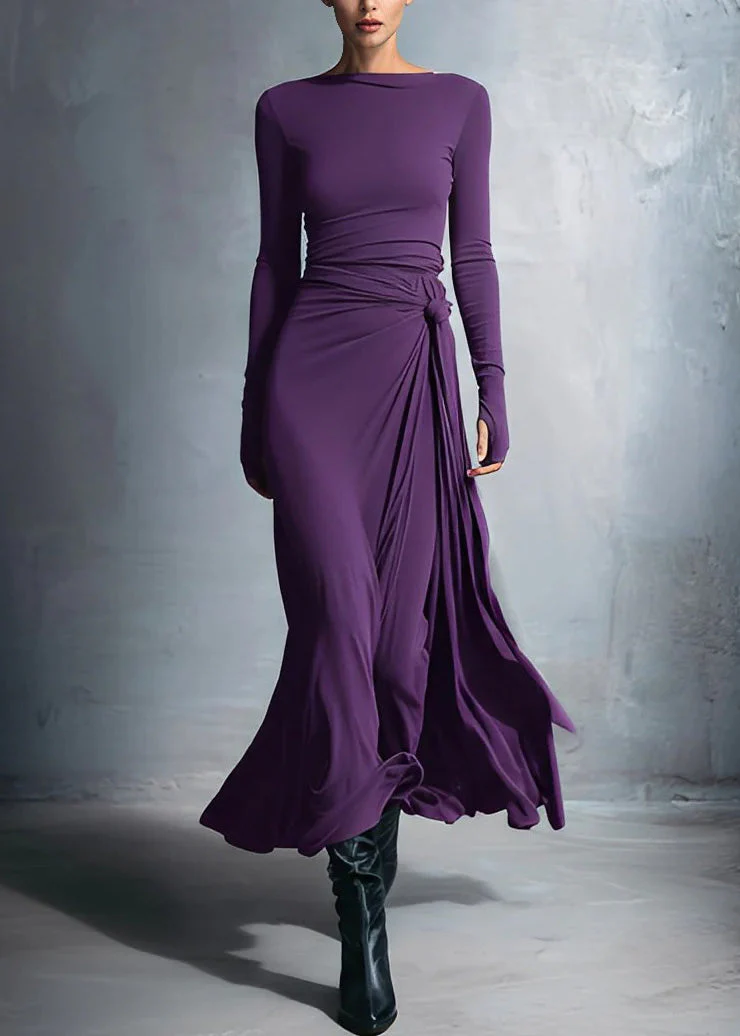 New Minimalist Grey Slash Neck Slim Fit Long Dress Spring - Image 2