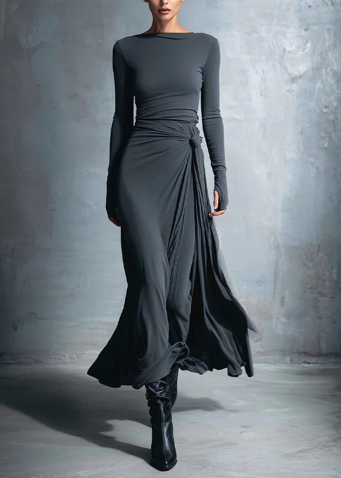 New Minimalist Grey Slash Neck Slim Fit Long Dress Spring - Image 3