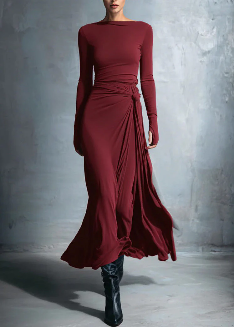 New Minimalist Grey Slash Neck Slim Fit Long Dress Spring - Image 4