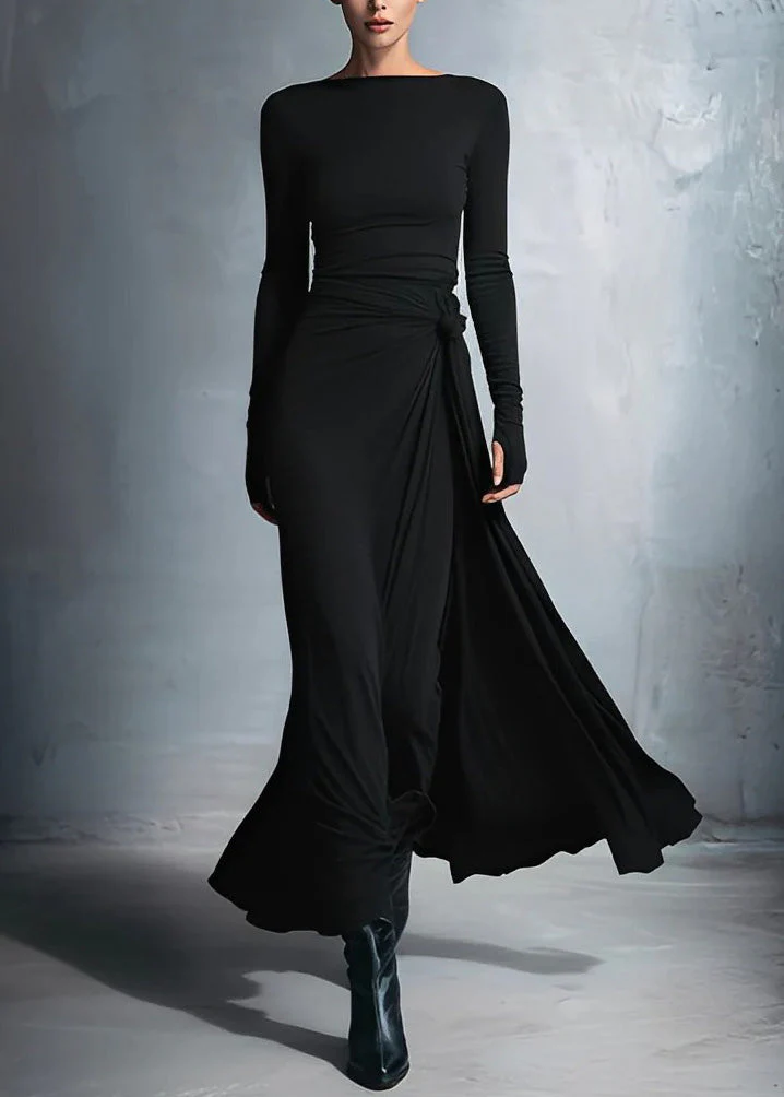 New Minimalist Grey Slash Neck Slim Fit Long Dress Spring - Image 5