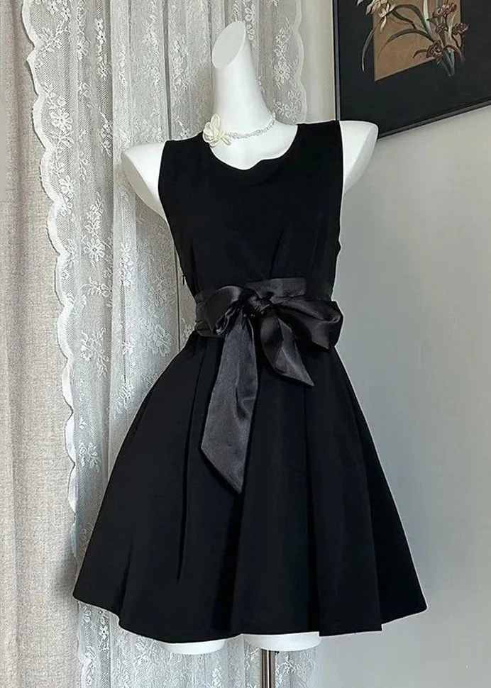 New Navy Bow Solid Cotton Mid Dress Sleeveless - Image 2