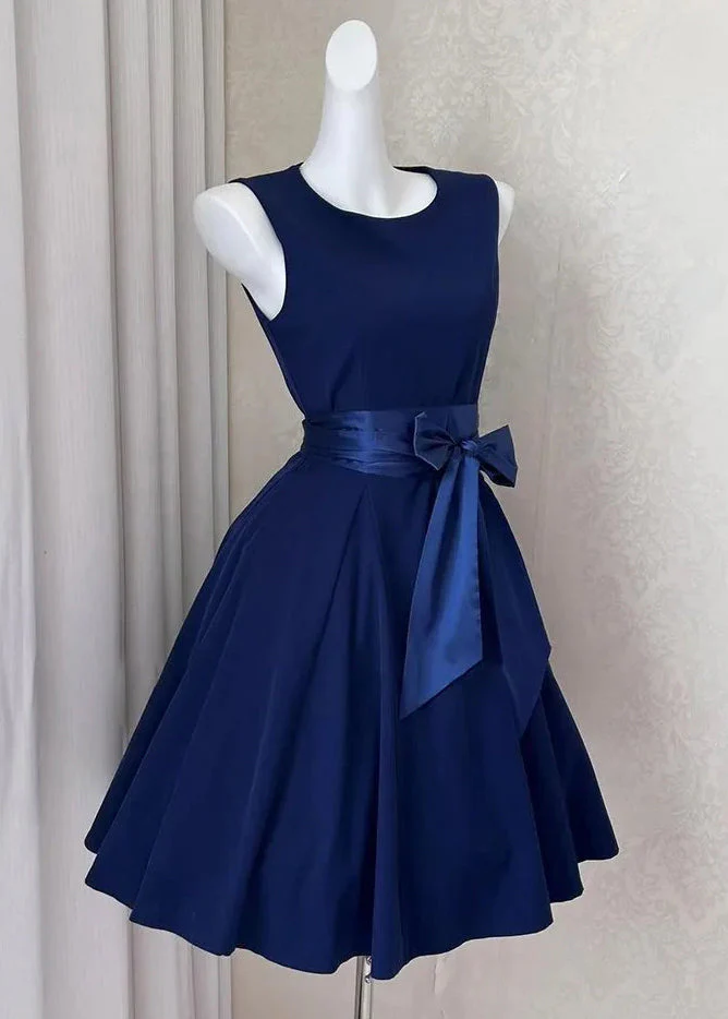 New Navy Bow Solid Cotton Mid Dress Sleeveless - Image 3