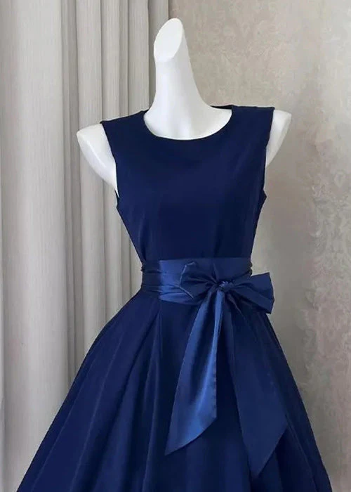 New Navy Bow Solid Cotton Mid Dress Sleeveless - Image 4