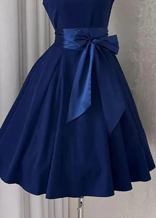 New Navy Bow Solid Cotton Mid Dress Sleeveless - Image 5