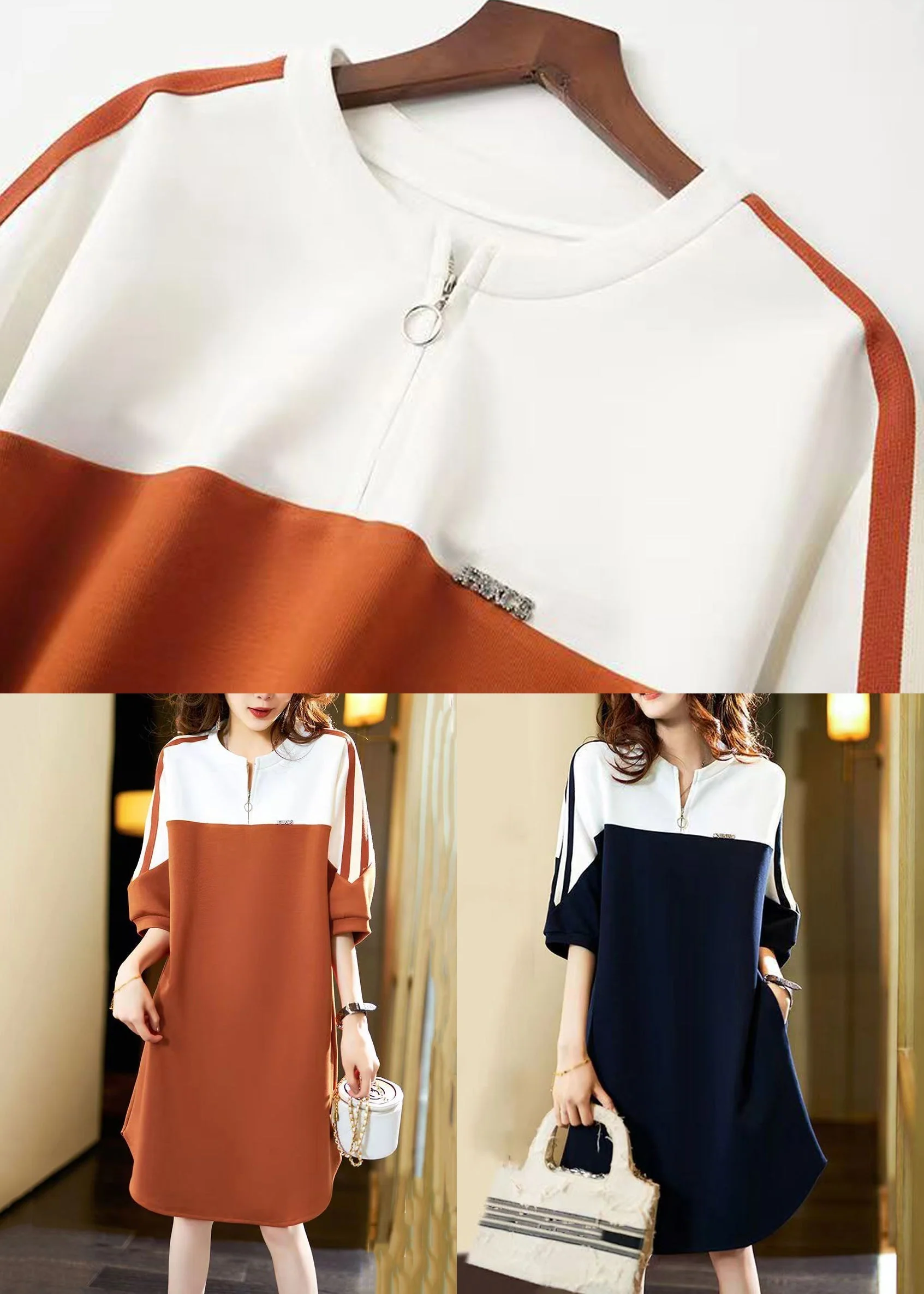 New Navy O Neck Pockets Patchwork Cotton Dress Fall - Image 5