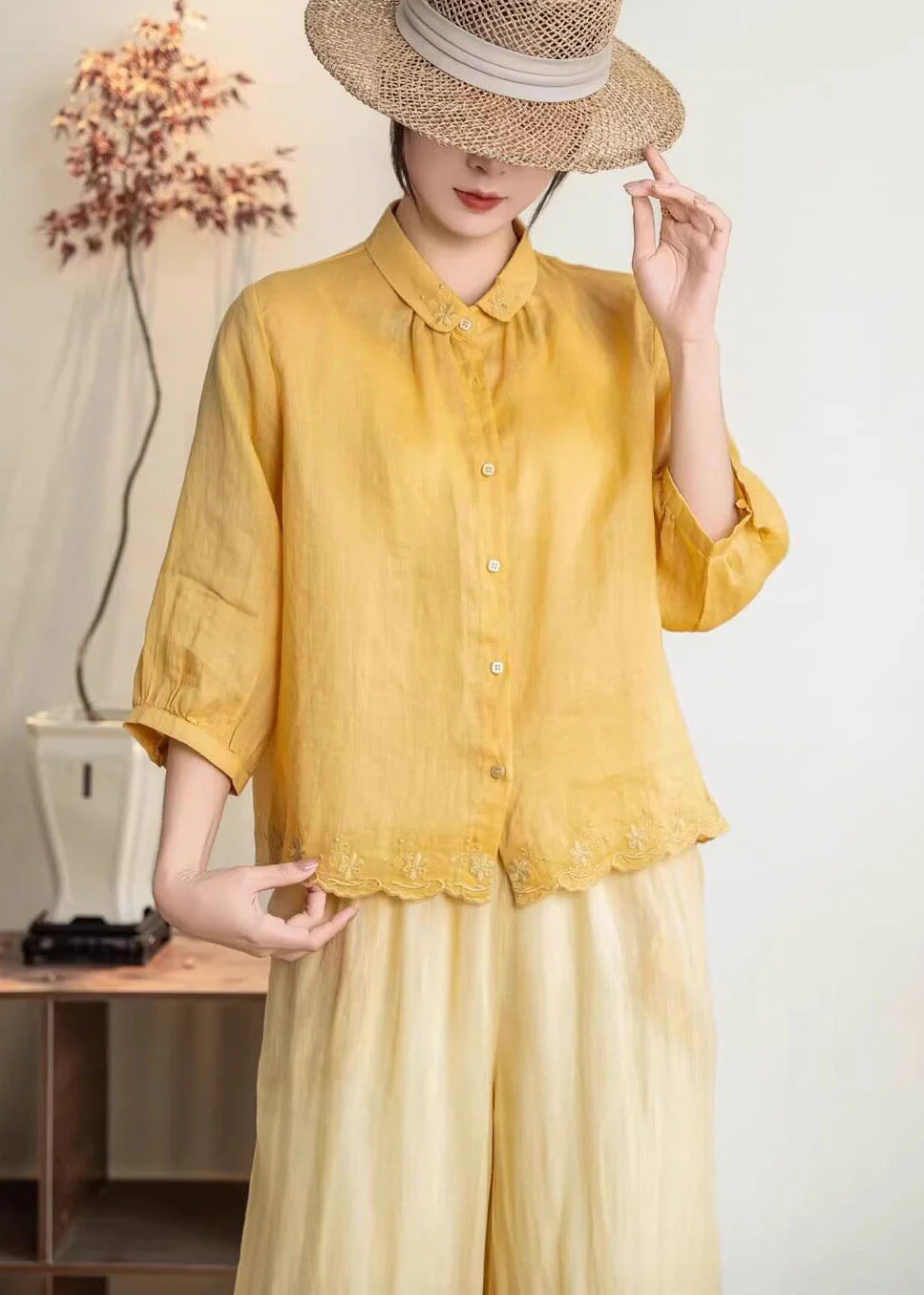 New Navy Peter Pan Collar Embroidered Linen Shirt Tops Summer - Image 3