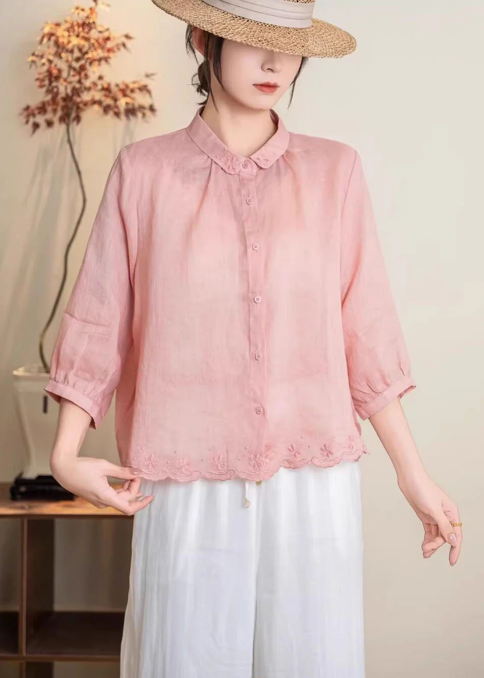 New Navy Peter Pan Collar Embroidered Linen Shirt Tops Summer - Image 4
