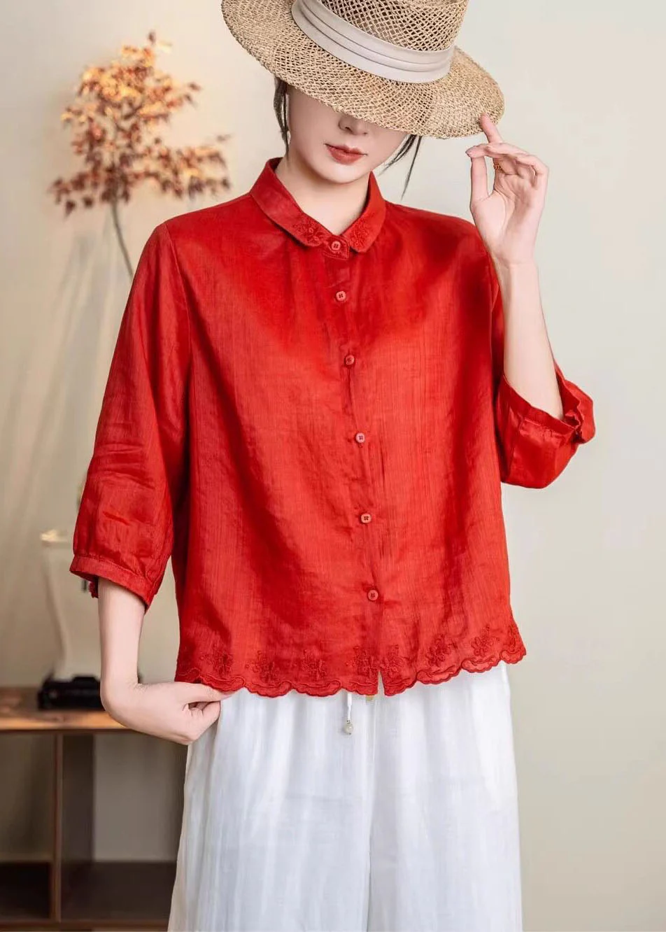 New Navy Peter Pan Collar Embroidered Linen Shirt Tops Summer - Image 5